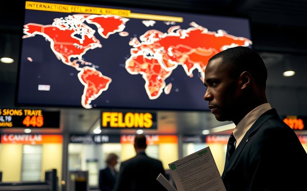 A Dimly Lit Airport Security Checkpoint, With A Stern-Faced Immigration Officer Scrutinizing The Documents Of A Well-Dressed Traveler. In The Background, A World Map Display Illuminates The Restrictions On International Travel For Felons, Represented By A Network Of Red Markers Across The Globe. The Scene Evokes A Sense Of Unease And The Challenges Faced By Those With Criminal Records Seeking To Explore The World Beyond Their Borders. A Dimly Lit Airport Security Checkpoint, With A Stern-Faced Immigration Officer Scrutinizing The Documents Of A Well-Dressed Traveler. In The Background, A World Map Display Illuminates The Restrictions On International Travel For Felons, Represented By A Network Of Red Markers Across The Globe. The Scene Evokes A Sense Of Unease And The Challenges Faced By Those With Criminal Records Seeking To Explore The World Beyond Their Borders.