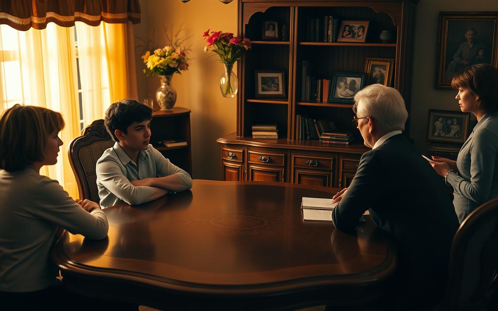 A Family Mediation Session Unfolds In A Cozy Home Office. Warm Lighting Casts A Golden Glow, Highlighting The Tension And Emotions Between Two Siblings Sitting Across An Ornate Wooden Table. The Younger Sibling, Arms Crossed, Argues Passionately, While The Elder Sibling Listens Intently, Brow Furrowed. A Neutral Mediator Observes From The Side, Taking Notes On A Legal Pad. Vases Of Fresh Flowers And Family Photographs On The Shelves Convey The Personal History At Stake. Soft Shadows And Muted Tones Create An Atmosphere Of Contemplation And Conflict Resolution.