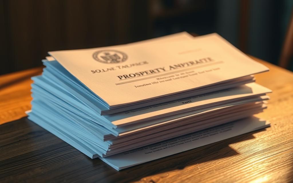 A Neatly Organized Stack Of Legal Documents, Including Probate Trust Papers And Inheritance Forms, Rests On A Wooden Table. The Documents Are Illuminated By Warm, Directional Lighting, Casting Subtle Shadows Across The Surface. The Scene Is Captured From A Slightly Elevated Angle, Emphasizing The Gravity And Importance Of The Papers. The Background Is Blurred, Keeping The Focus On The Detailed, High-Resolution Rendering Of The Documents, Their Textures, And The Official Seals That Adorn Them. An Atmosphere Of Solemnity And Careful Consideration Pervades The Image, Hinting At The Complexities And Emotions Involved In Property Inheritance.