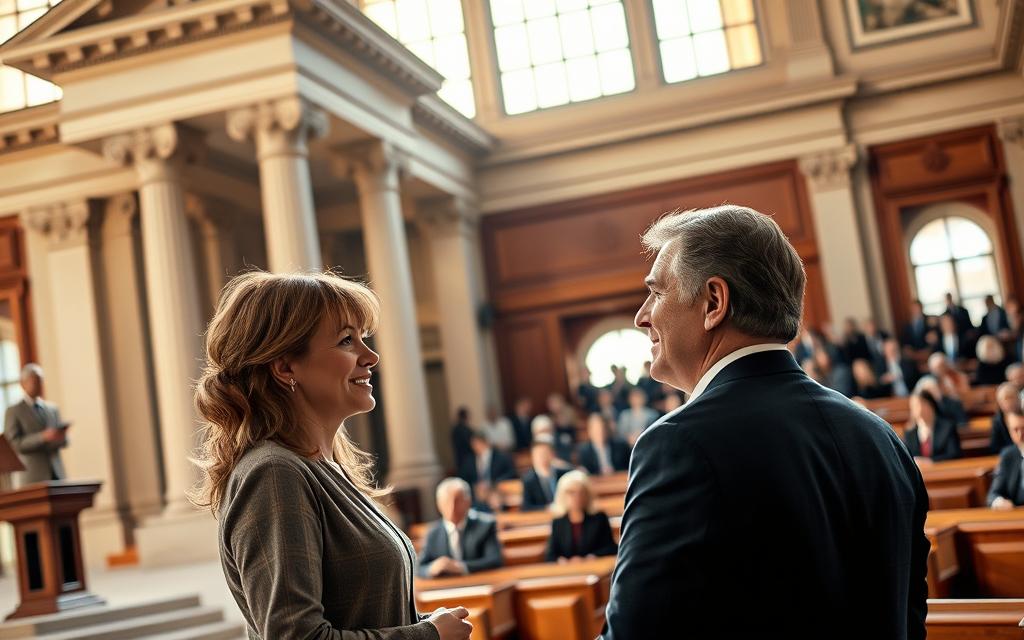 A Sun-Dappled Courthouse Facade With Imposing Columns And Ornamental Flourishes. In The Foreground, Two People Engaged In Animated Discussion, Their Expressions Suggesting Legal Negotiations. Behind Them, A Crowded Courtroom Scene With Clerks, Lawyers, And Individuals Seated At Wooden Benches. Soft Lighting Filters Through The Windows, Casting A Warm, Authoritative Glow Over The Proceedings. The Architectural Details And Formal Attire Of The Participants Convey The Gravity And Solemnity Of A Legal Partition Process Unfolding.