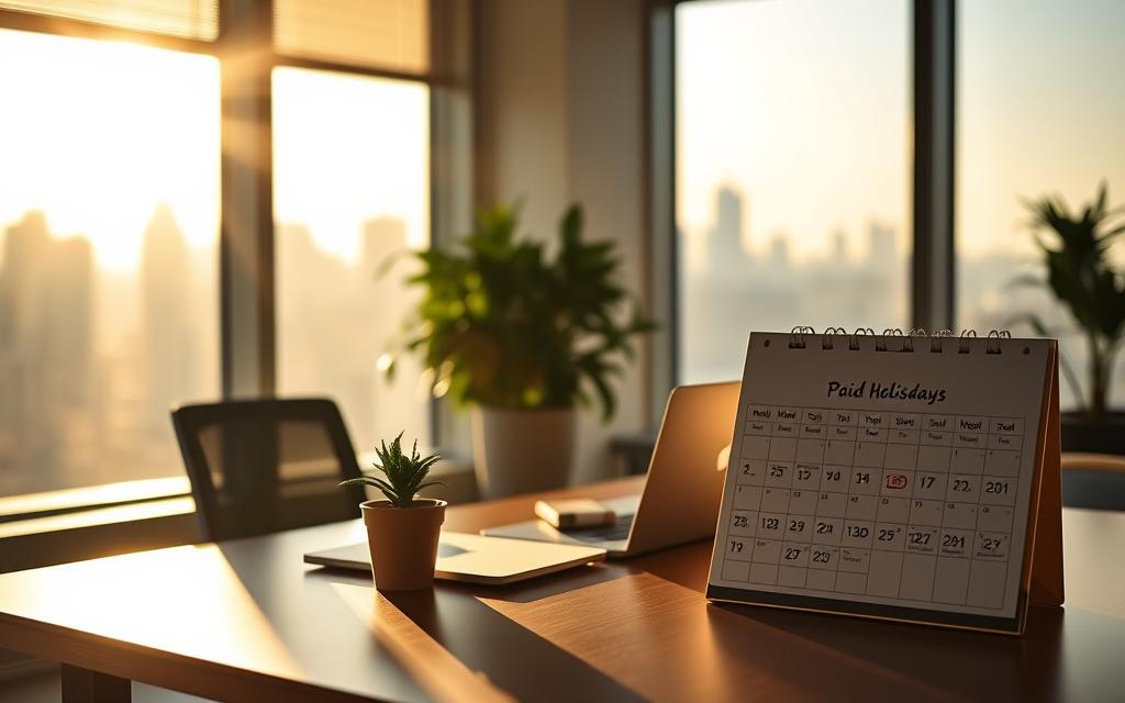 A Tranquil Office Setting, Illuminated By Warm Natural Light Streaming Through Expansive Windows. A Desk Adorned With A Potted Plant, A Laptop, And A Calendar Highlighting The Paid Holidays. In The Background, The Hazy Outline Of A City Skyline. The Atmosphere Is One Of Calm Productivity, Reflecting The Benefits And Privileges Of A Workplace That Values Its Employees' Work-Life Balance. A Tranquil Office Setting, Illuminated By Warm Natural Light Streaming Through Expansive Windows. A Desk Adorned With A Potted Plant, A Laptop, And A Calendar Highlighting The Paid Holidays. In The Background, The Hazy Outline Of A City Skyline. The Atmosphere Is One Of Calm Productivity, Reflecting The Benefits And Privileges Of A Workplace That Values Its Employees' Work-Life Balance.