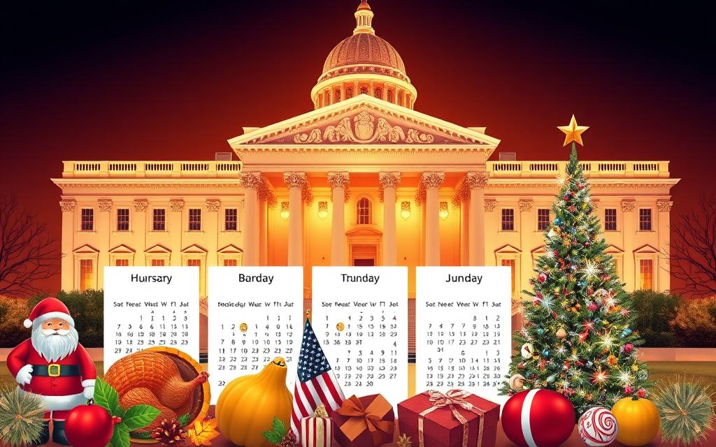 A Vibrant, Meticulously Detailed Illustration Showcasing The Major U.s. Federal Holidays. In The Foreground, A Collection Of Iconic Holiday Symbols Such As A Santa Claus Figurine, A Thanksgiving Turkey, A Patriotic American Flag, And A Sparkling Christmas Tree. The Midground Features A Series Of Crisp, Clean Calendars Highlighting The Specific Dates Of Each Federal Holiday. In The Background, A Grand, Ornate Government Building With A Neoclassical Architectural Style, Illuminated By Warm, Soft Lighting That Casts A Welcoming, Celebratory Atmosphere. The Overall Composition Conveys A Sense Of National Pride, Tradition, And The Importance Of These Commemorative Days In American Culture. A Vibrant, Meticulously Detailed Illustration Showcasing The Major U.s. Federal Holidays. In The Foreground, A Collection Of Iconic Holiday Symbols Such As A Santa Claus Figurine, A Thanksgiving Turkey, A Patriotic American Flag, And A Sparkling Christmas Tree. The Midground Features A Series Of Crisp, Clean Calendars Highlighting The Specific Dates Of Each Federal Holiday. In The Background, A Grand, Ornate Government Building With A Neoclassical Architectural Style, Illuminated By Warm, Soft Lighting That Casts A Welcoming, Celebratory Atmosphere. The Overall Composition Conveys A Sense Of National Pride, Tradition, And The Importance Of These Commemorative Days In American Culture.