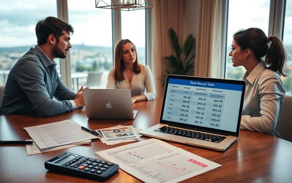 A Well-Lit Home Interior With A Dining Table In The Foreground, Showcasing Various Real Estate Documents, Calculators, And A Laptop Displaying Rental And Sales Figures. In The Middle Ground, Two People Engaged In A Serious Discussion, Representing Siblings Negotiating A Rent Buyout Arrangement. The Background Features Large Windows Overlooking A Scenic Cityscape, Conveying A Sense Of A High-Value Property. The Overall Mood Is Professional, With A Focus On The Financial And Legal Aspects Of The Co-Ownership Situation.